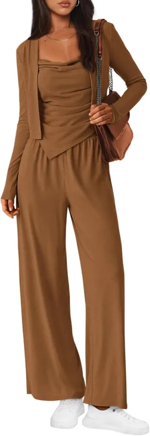 BTFBM Women's Fall Lounge Sets 3 Piece Outfit Tracksuits Casual Long Sleeve Tops High Waisted Sweatpants Set