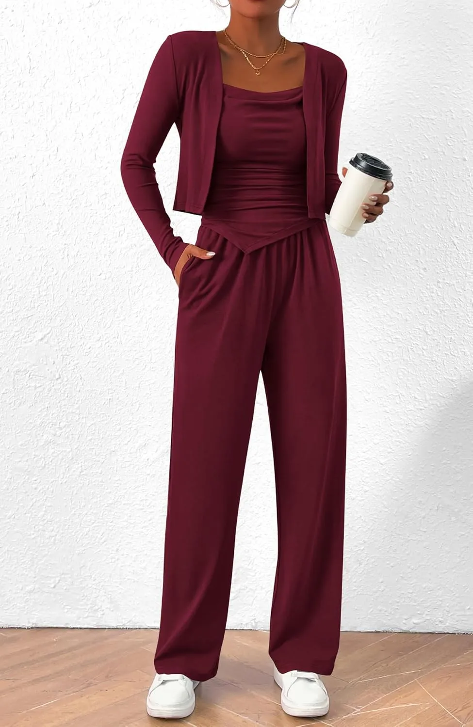 BTFBM Women's Fall Lounge Sets 3 Piece Outfit Tracksuits Casual Long Sleeve Tops High Waisted Sweatpants Set