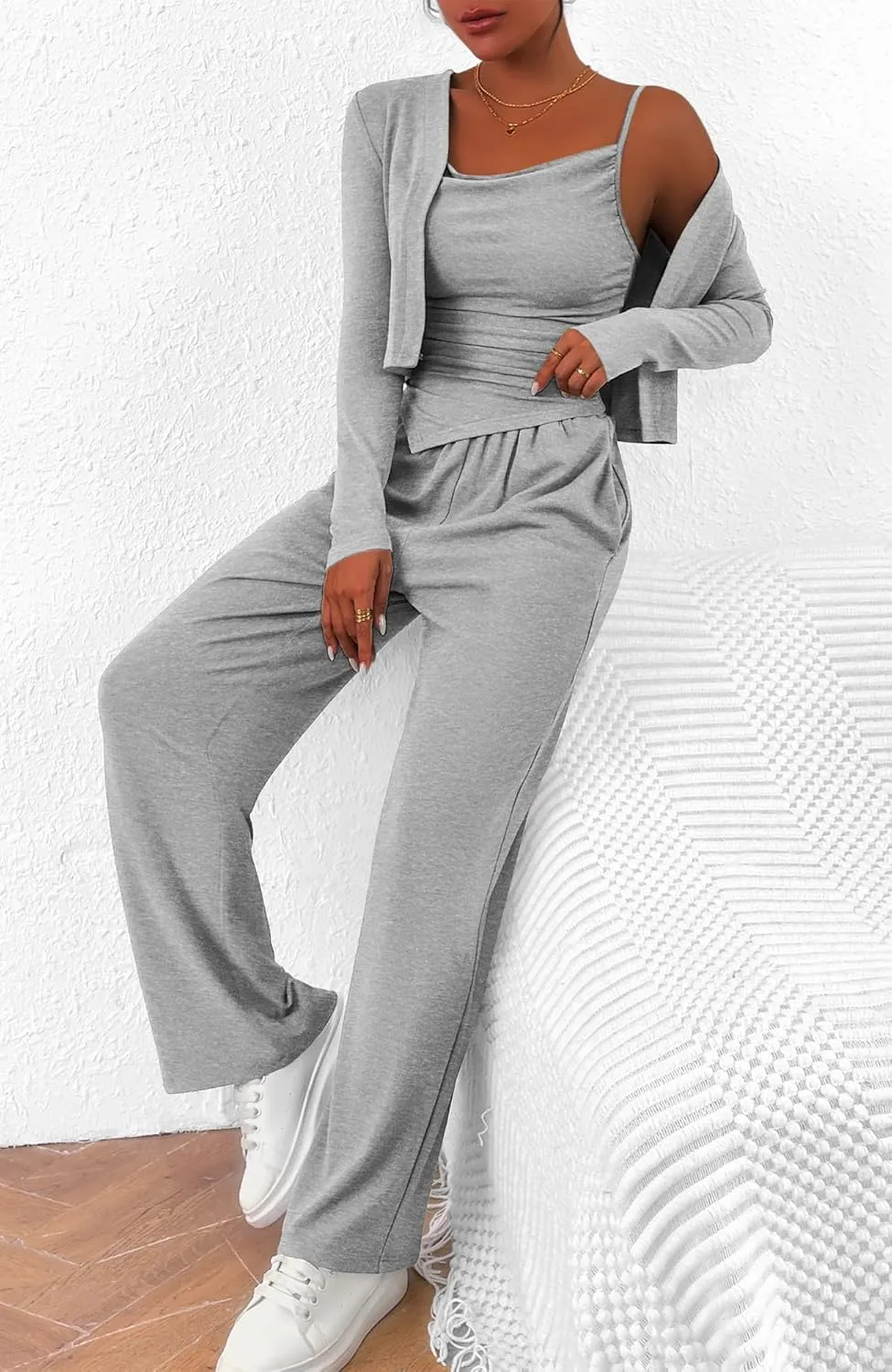 BTFBM Women's Fall Lounge Sets 3 Piece Outfit Tracksuits Casual Long Sleeve Tops High Waisted Sweatpants Set