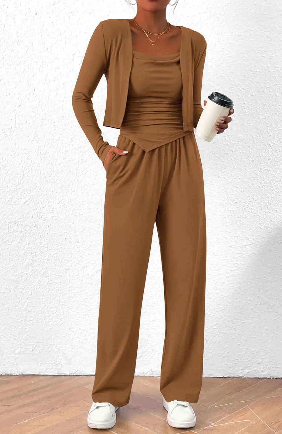 BTFBM Women's Fall Lounge Sets 3 Piece Outfit Tracksuits Casual Long Sleeve Tops High Waisted Sweatpants Set