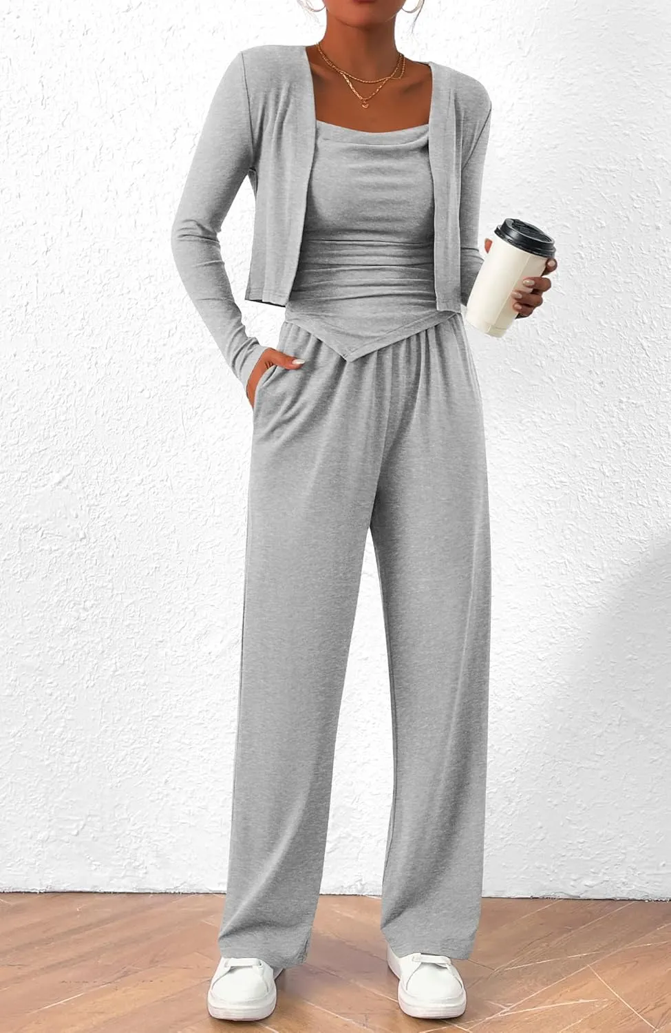 BTFBM Women's Fall Lounge Sets 3 Piece Outfit Tracksuits Casual Long Sleeve Tops High Waisted Sweatpants Set