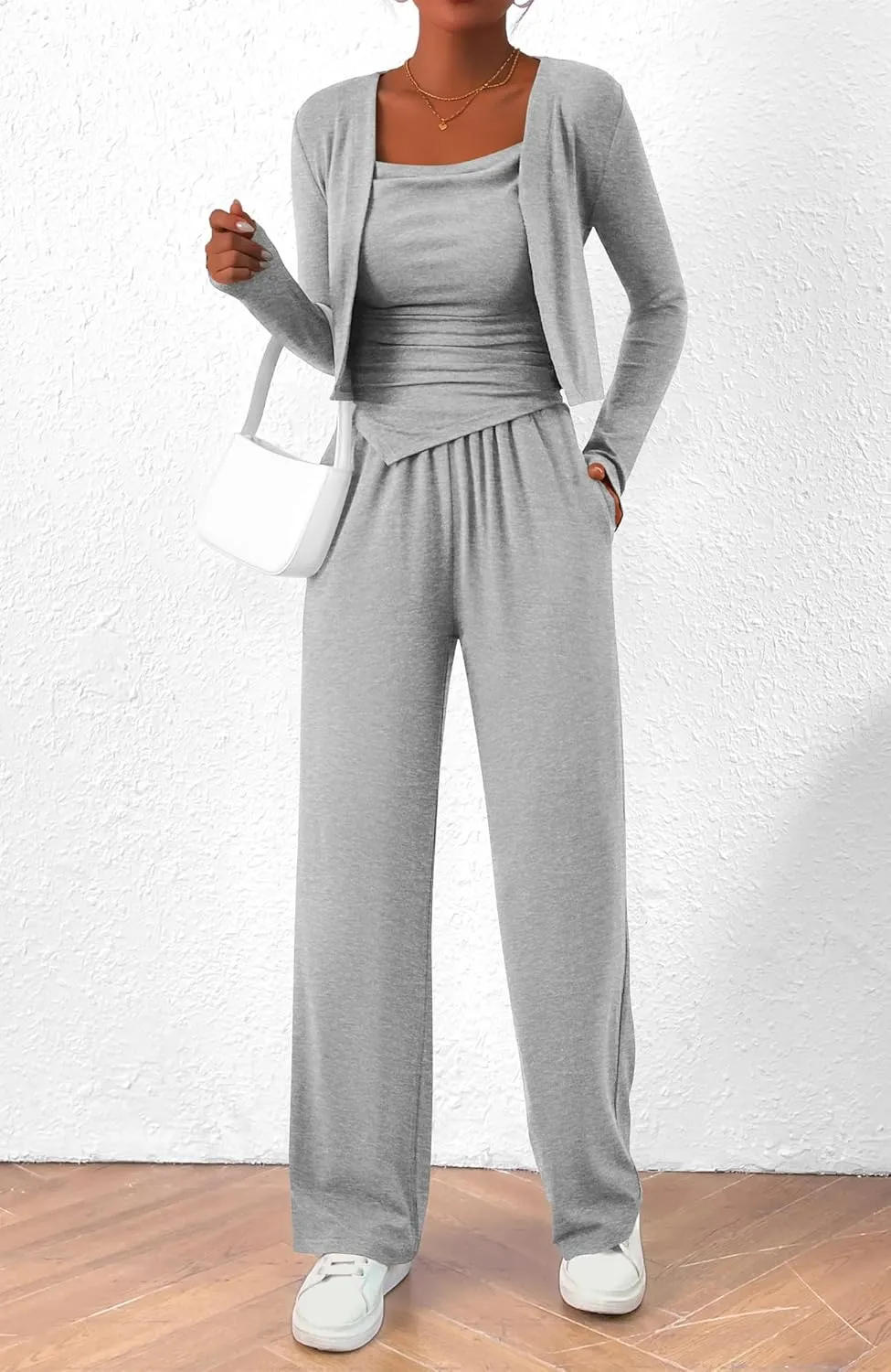 BTFBM Women's Fall Lounge Sets 3 Piece Outfit Tracksuits Casual Long Sleeve Tops High Waisted Sweatpants Set