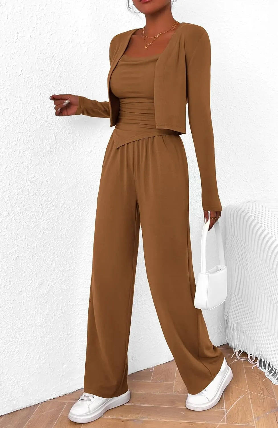 BTFBM Women's Fall Lounge Sets 3 Piece Outfit Tracksuits Casual Long Sleeve Tops High Waisted Sweatpants Set