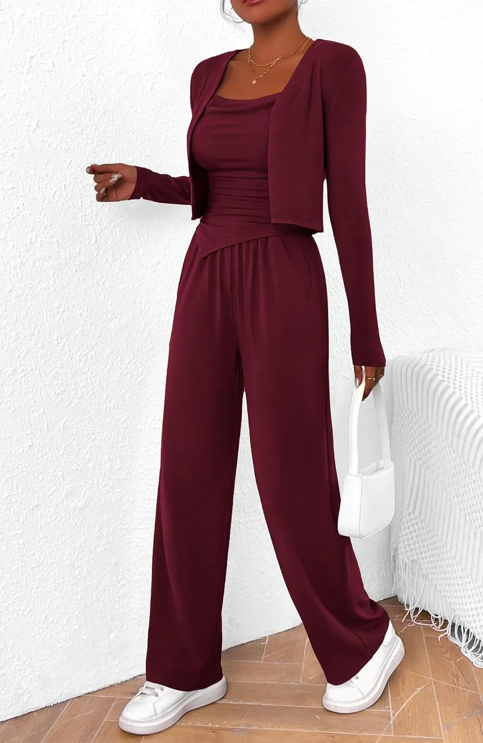 BTFBM Women's Fall Lounge Sets 3 Piece Outfit Tracksuits Casual Long Sleeve Tops High Waisted Sweatpants Set