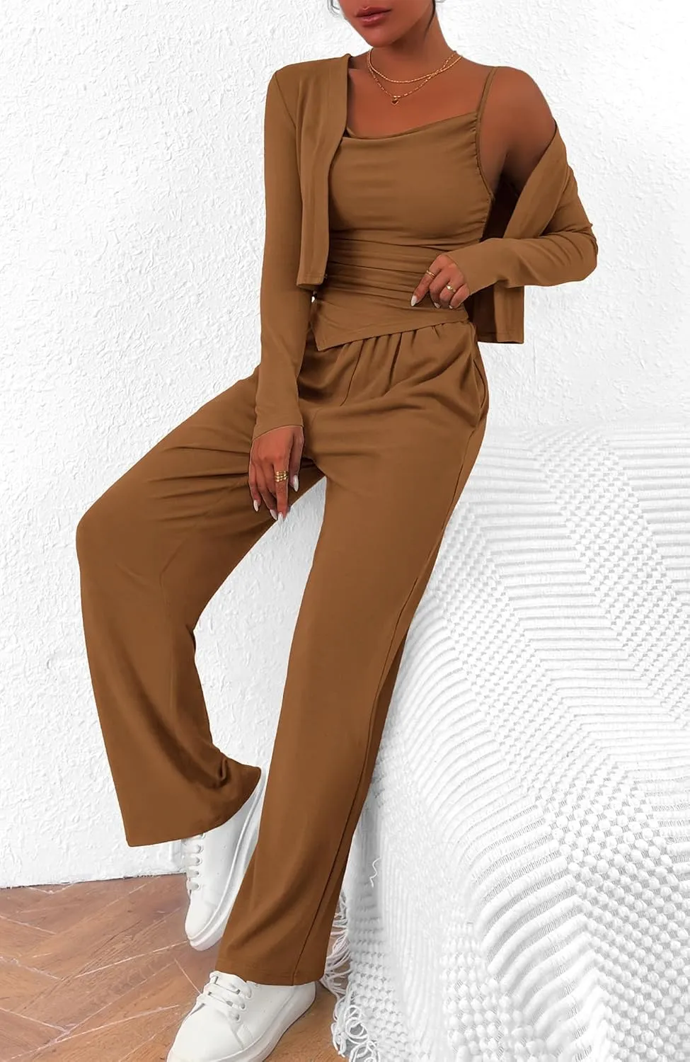 BTFBM Women's Fall Lounge Sets 3 Piece Outfit Tracksuits Casual Long Sleeve Tops High Waisted Sweatpants Set