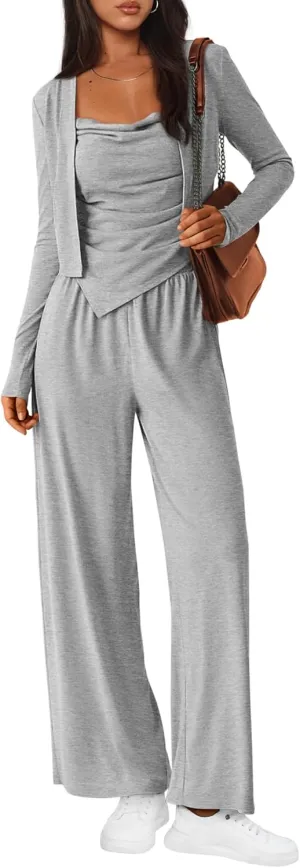 BTFBM Women's Fall Lounge Sets 3 Piece Outfit Tracksuits Casual Long Sleeve Tops High Waisted Sweatpants Set