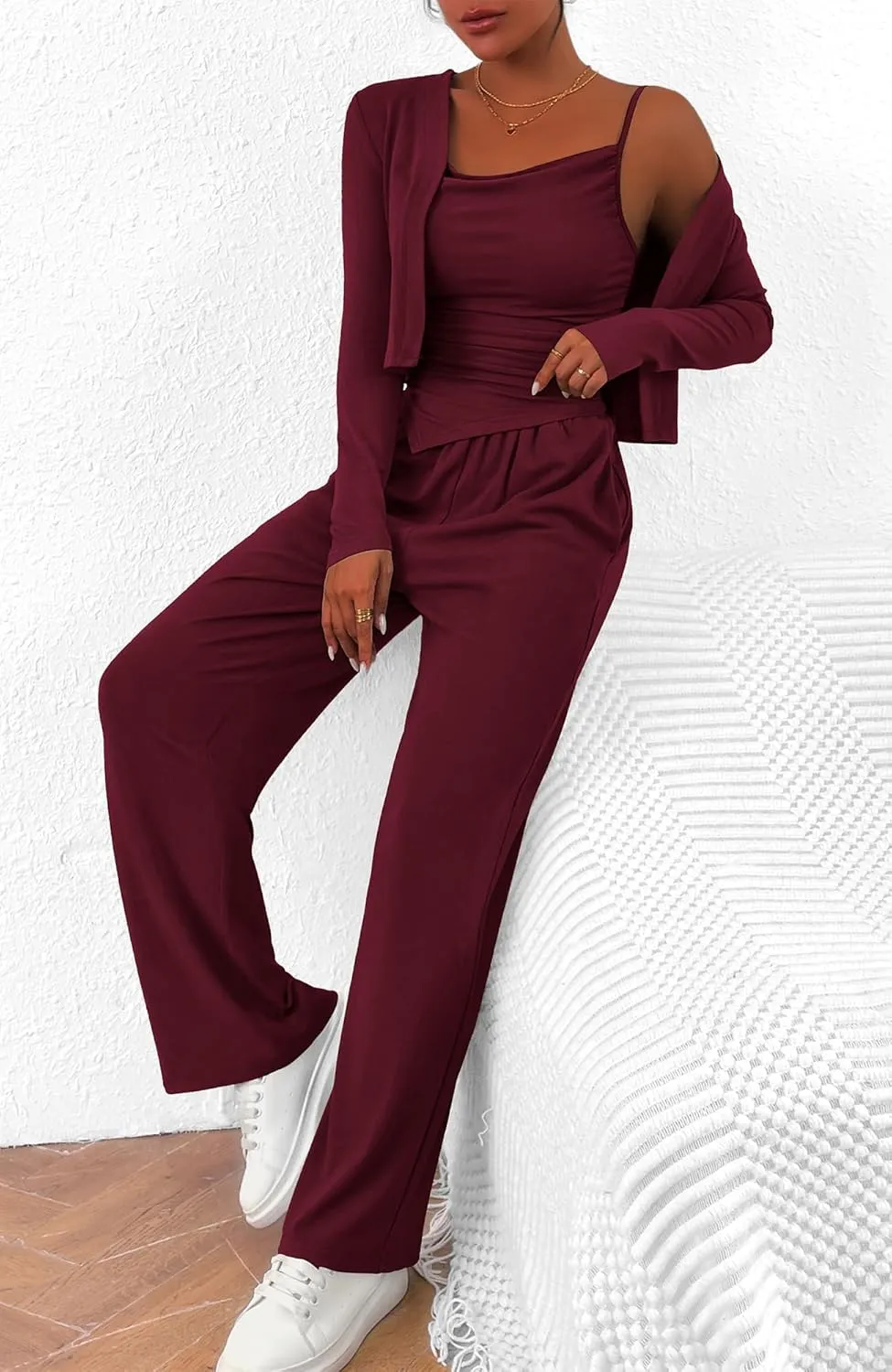 BTFBM Women's Fall Lounge Sets 3 Piece Outfit Tracksuits Casual Long Sleeve Tops High Waisted Sweatpants Set