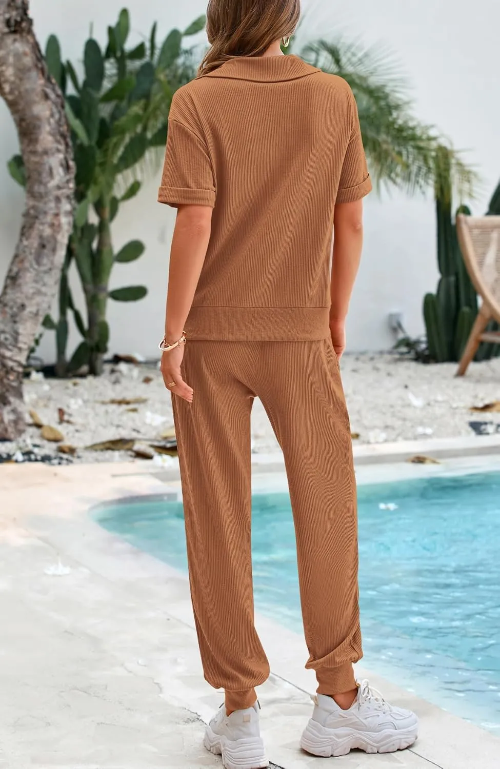 BTFBM Women's Summer 2 Piece Outfits Short Sleeve Half Zip Sweatshirt Jogger Sweatpants Sets Lounge Sweatsuits Tracksuit
