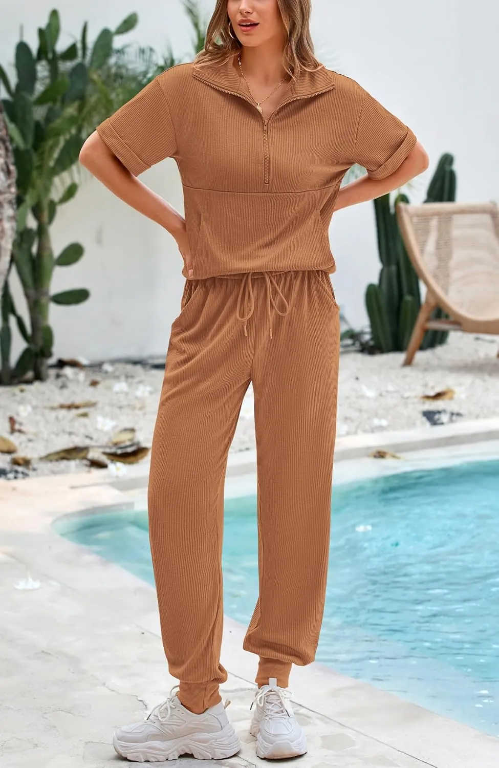 BTFBM Women's Summer 2 Piece Outfits Short Sleeve Half Zip Sweatshirt Jogger Sweatpants Sets Lounge Sweatsuits Tracksuit