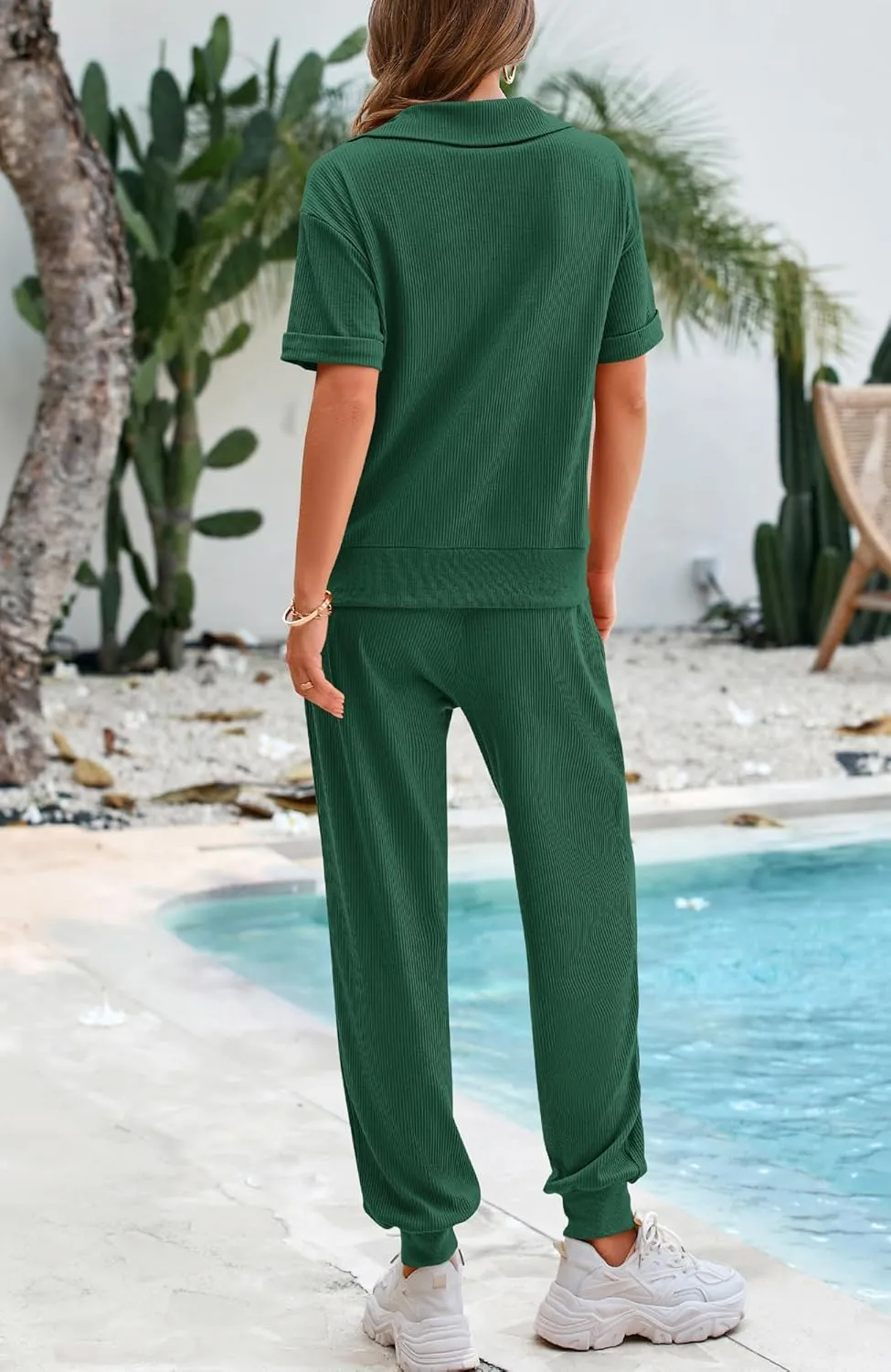 BTFBM Women's Summer 2 Piece Outfits Short Sleeve Half Zip Sweatshirt Jogger Sweatpants Sets Lounge Sweatsuits Tracksuit