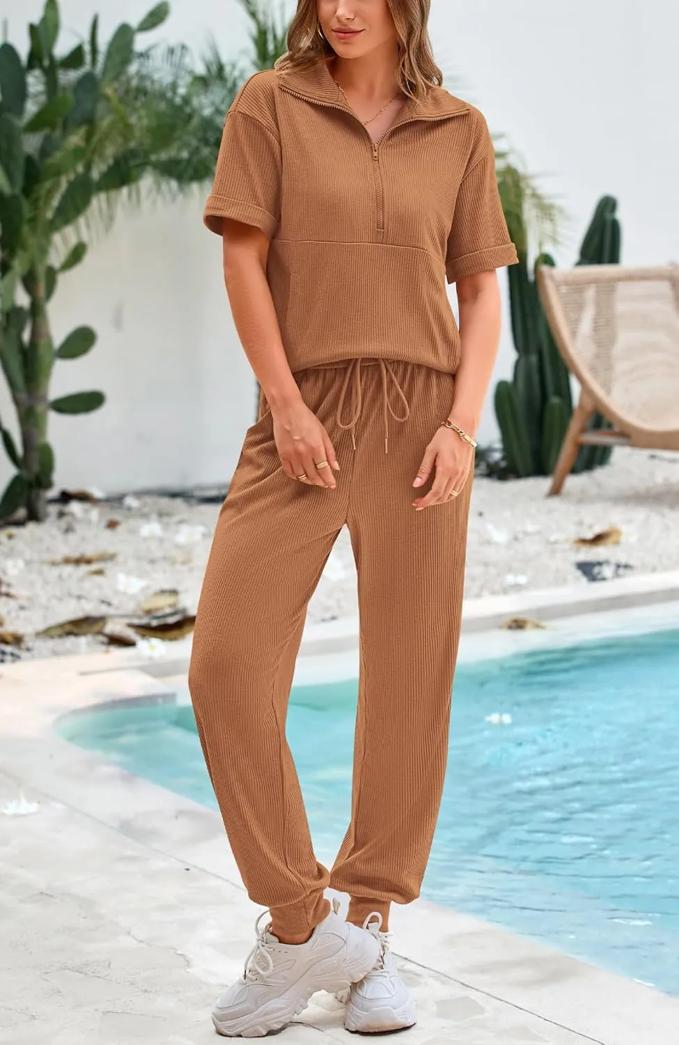 BTFBM Women's Summer 2 Piece Outfits Short Sleeve Half Zip Sweatshirt Jogger Sweatpants Sets Lounge Sweatsuits Tracksuit