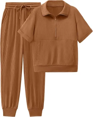 BTFBM Women's Summer 2 Piece Outfits Short Sleeve Half Zip Sweatshirt Jogger Sweatpants Sets Lounge Sweatsuits Tracksuit