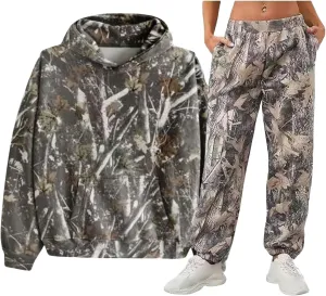 Camo Sweatsuits for Women Maple Leaf Print Oversized Hoodie Camo Fleece Sweatpans Lounge Sets Fall Winter Outfits