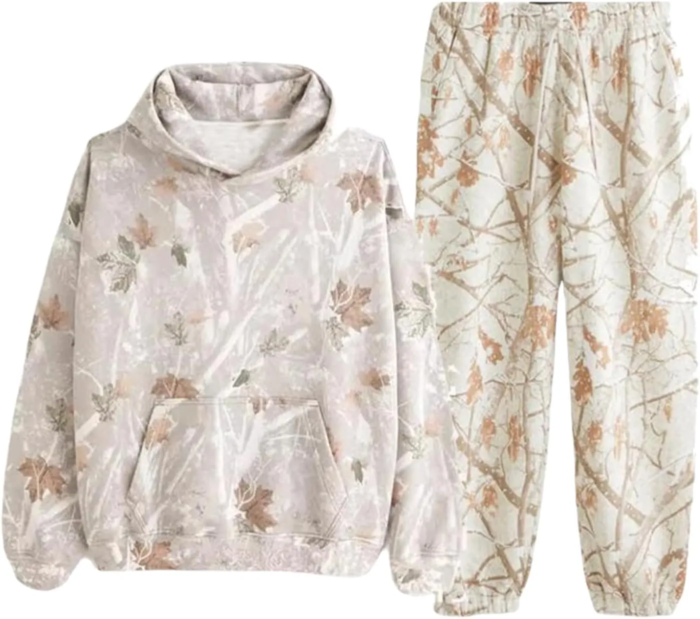 Camo Sweatsuits for Women Maple Leaf Print Oversized Hoodie Camo Fleece Sweatpans Lounge Sets Fall Winter Outfits