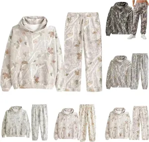 Camo Sweatsuits for Women Maple Leaf Print Oversized Hoodie Camo Fleece Sweatpans Lounge Sets Fall Winter Outfits