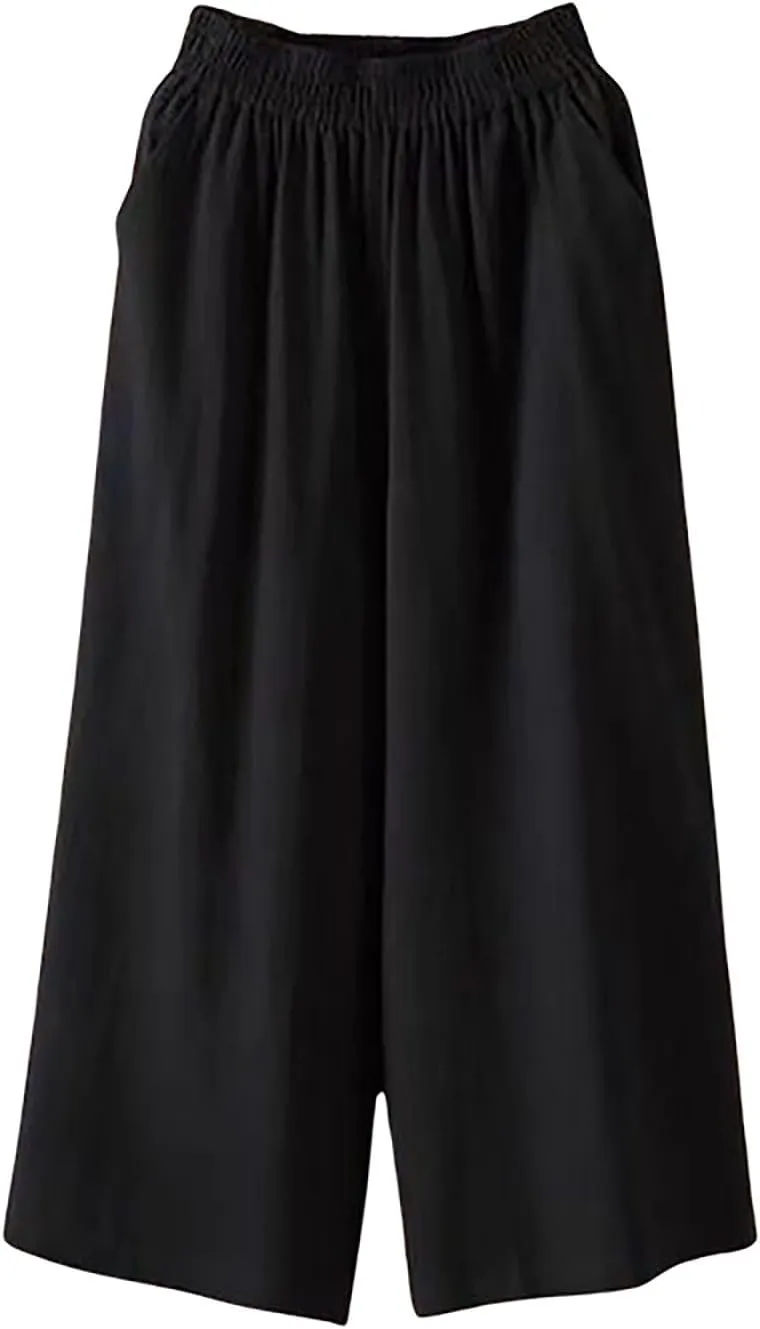 Capri Pants for Women Cotton Linen Summer Pants Wide Leg Pants Elastic Waist Pants Cropped Trouser with Pockets