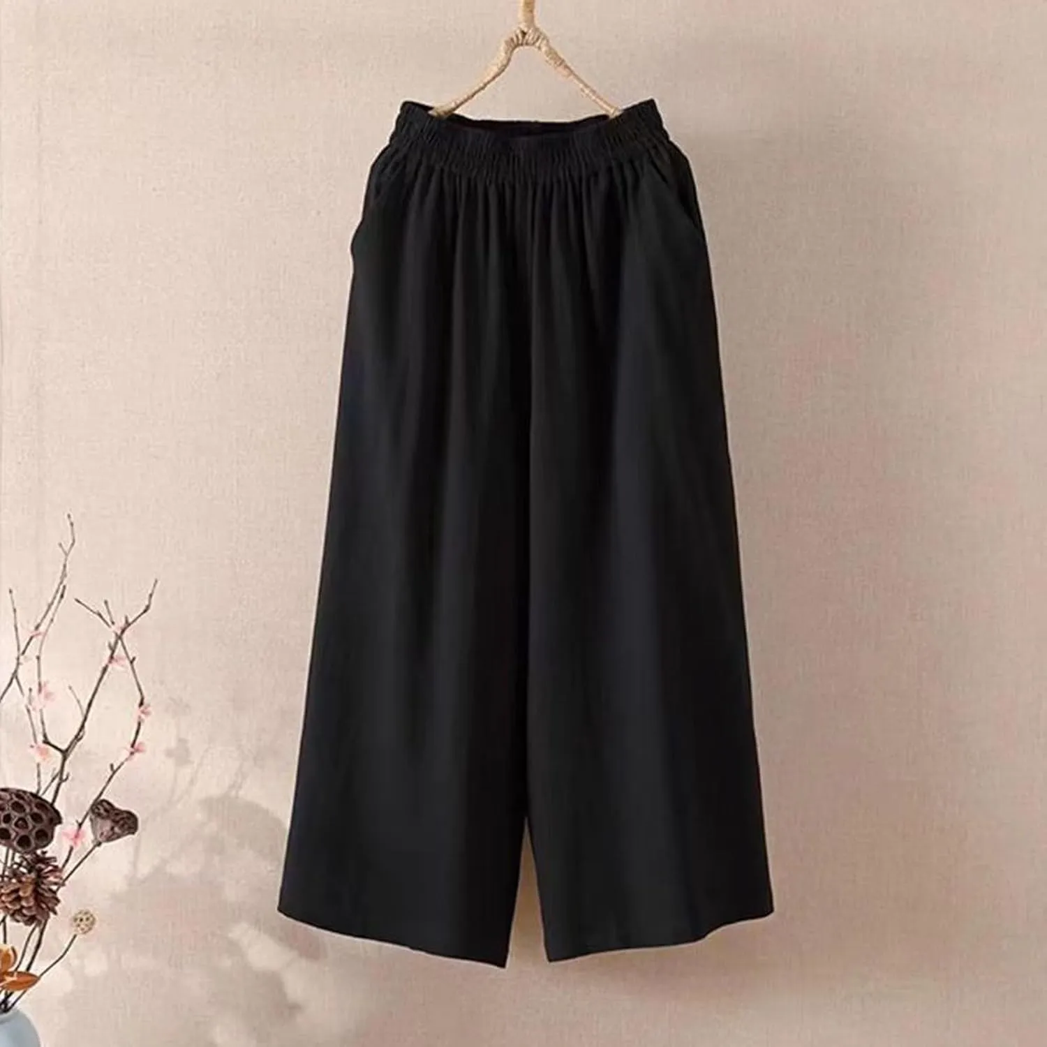 Capri Pants for Women Cotton Linen Summer Pants Wide Leg Pants Elastic Waist Pants Cropped Trouser with Pockets