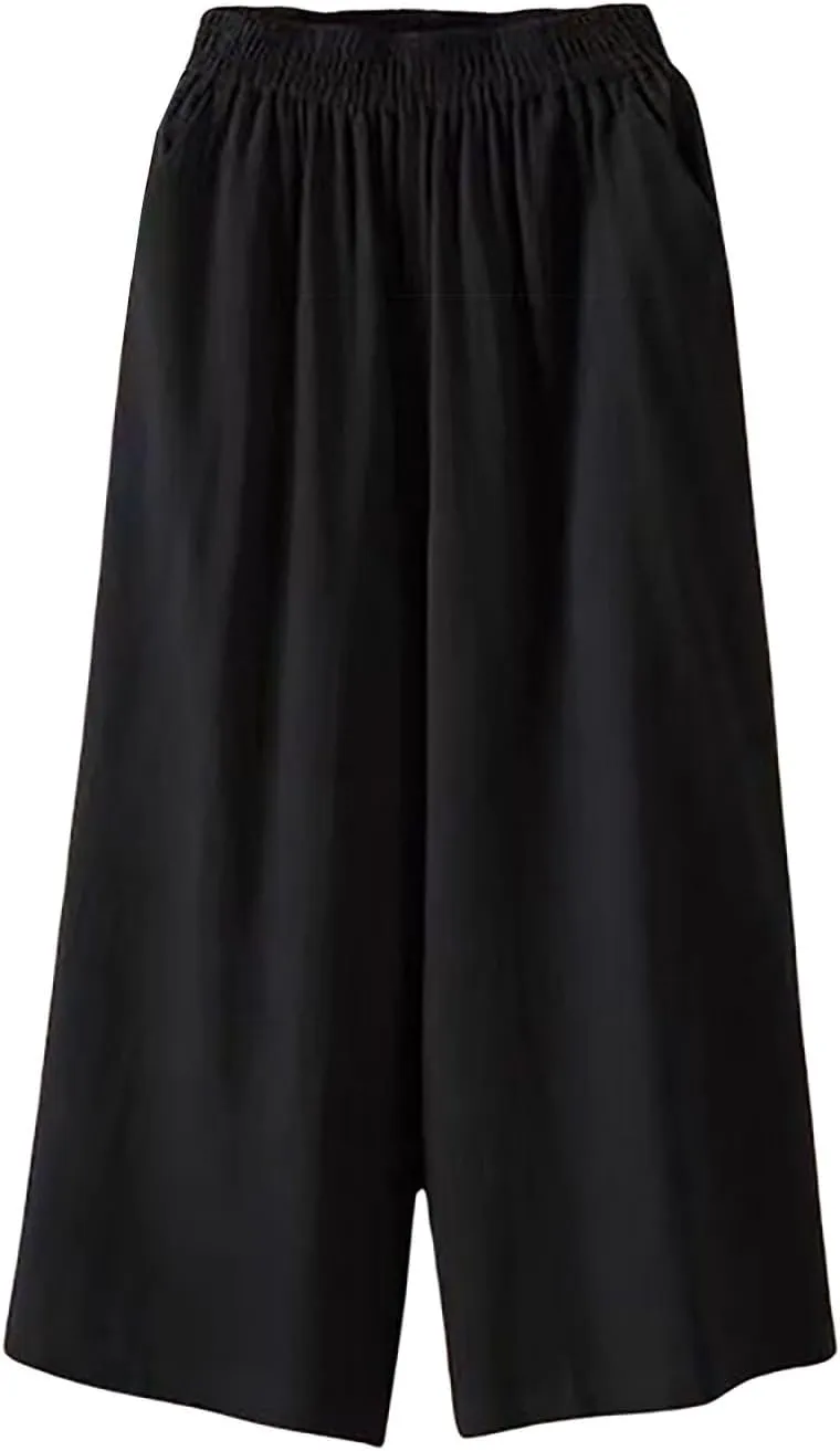 Capri Pants for Women Cotton Linen Summer Pants Wide Leg Pants Elastic Waist Pants Cropped Trouser with Pockets