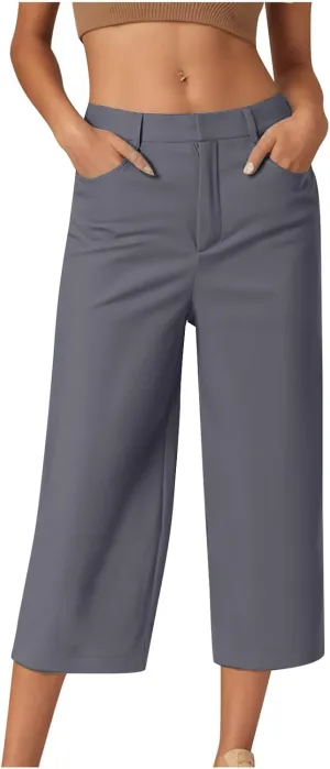 Capri Pants for Women Summer Cropped Pants Casual Business Pants Loose Comfy Work Pants Beach Trousers with Pockets