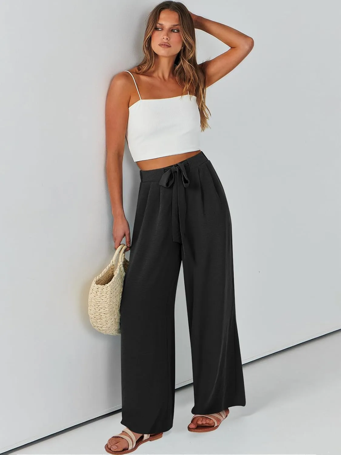 Caracilia Women Wide Leg Palazzo Pants Summer High Waist Flowy Casual Trousers Loose Lounge Beach Travel Vacation Clothes