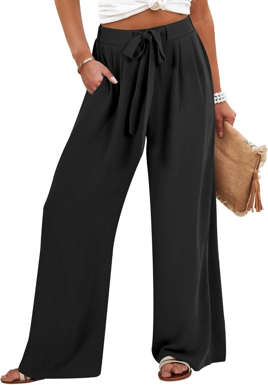 Caracilia Women Wide Leg Palazzo Pants Summer High Waist Flowy Casual Trousers Loose Lounge Beach Travel Vacation Clothes