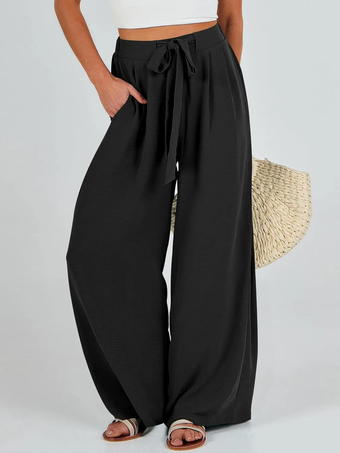 Caracilia Women Wide Leg Palazzo Pants Summer High Waist Flowy Casual Trousers Loose Lounge Beach Travel Vacation Clothes