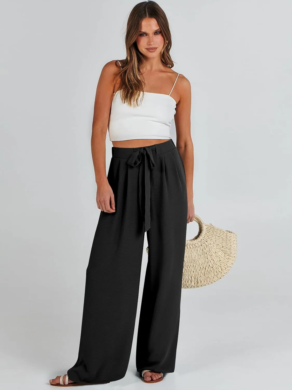 Caracilia Women Wide Leg Palazzo Pants Summer High Waist Flowy Casual Trousers Loose Lounge Beach Travel Vacation Clothes