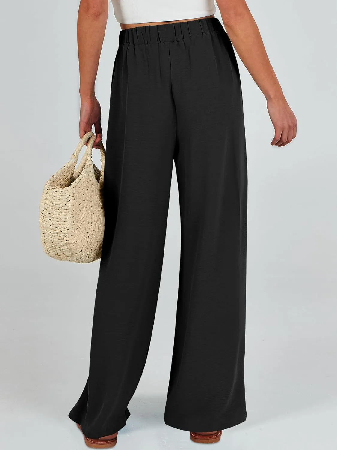 Caracilia Women Wide Leg Palazzo Pants Summer High Waist Flowy Casual Trousers Loose Lounge Beach Travel Vacation Clothes