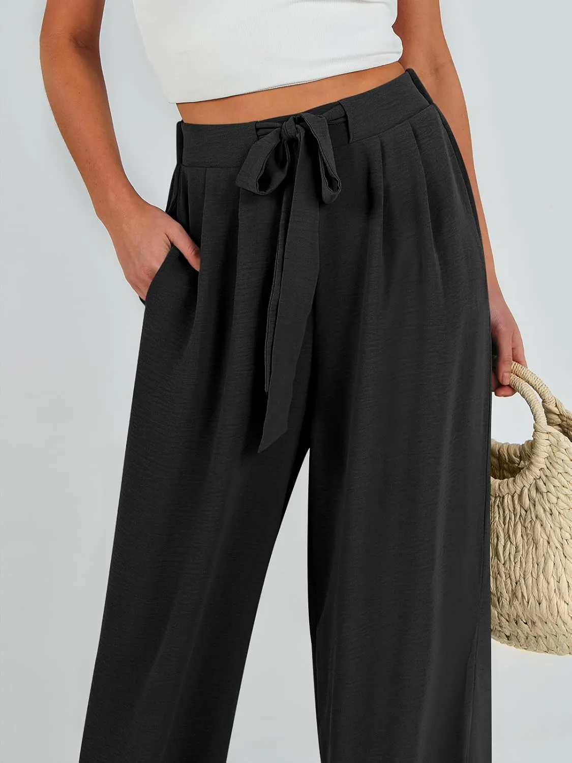 Caracilia Women Wide Leg Palazzo Pants Summer High Waist Flowy Casual Trousers Loose Lounge Beach Travel Vacation Clothes
