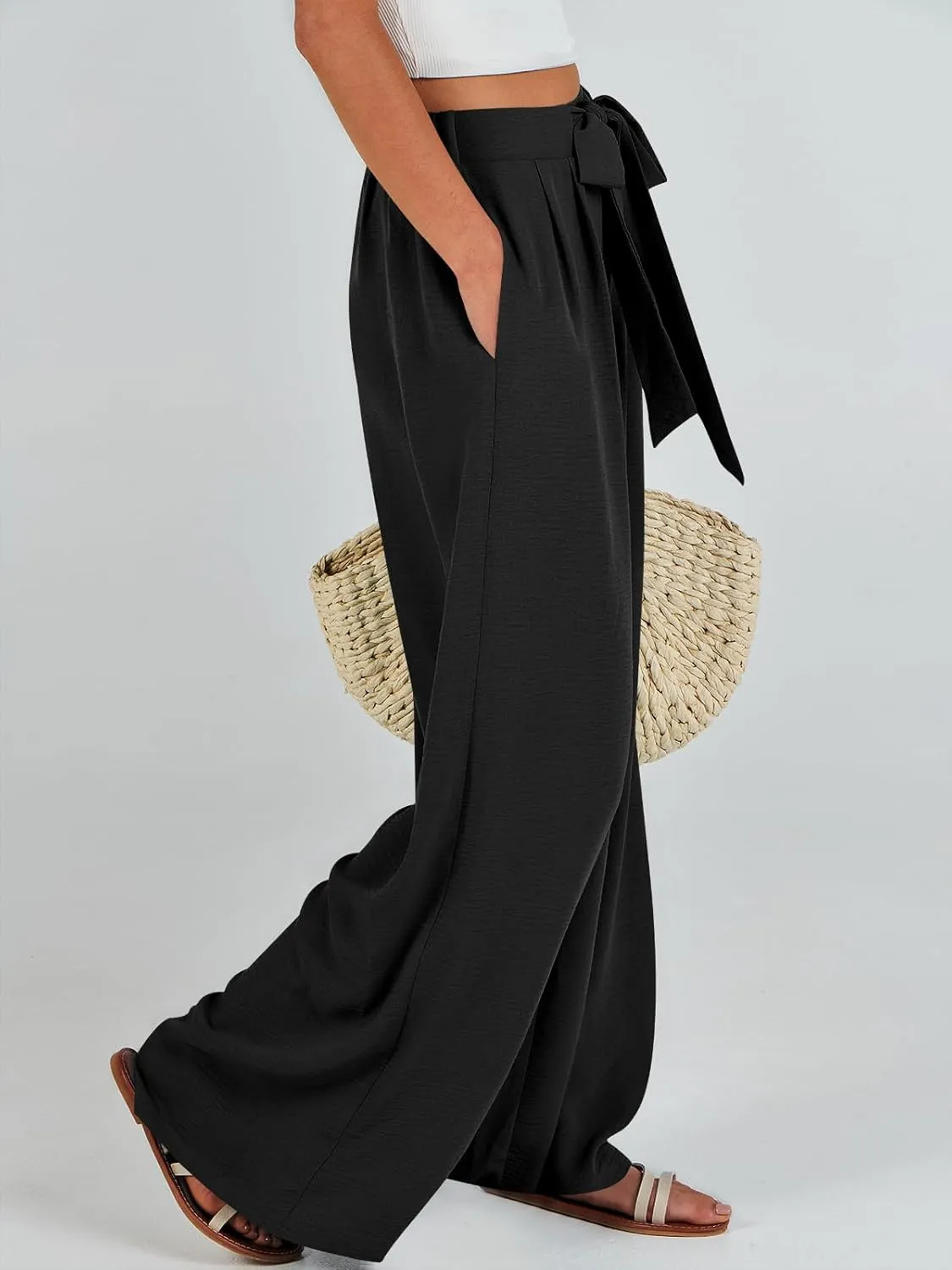 Caracilia Women Wide Leg Palazzo Pants Summer High Waist Flowy Casual Trousers Loose Lounge Beach Travel Vacation Clothes