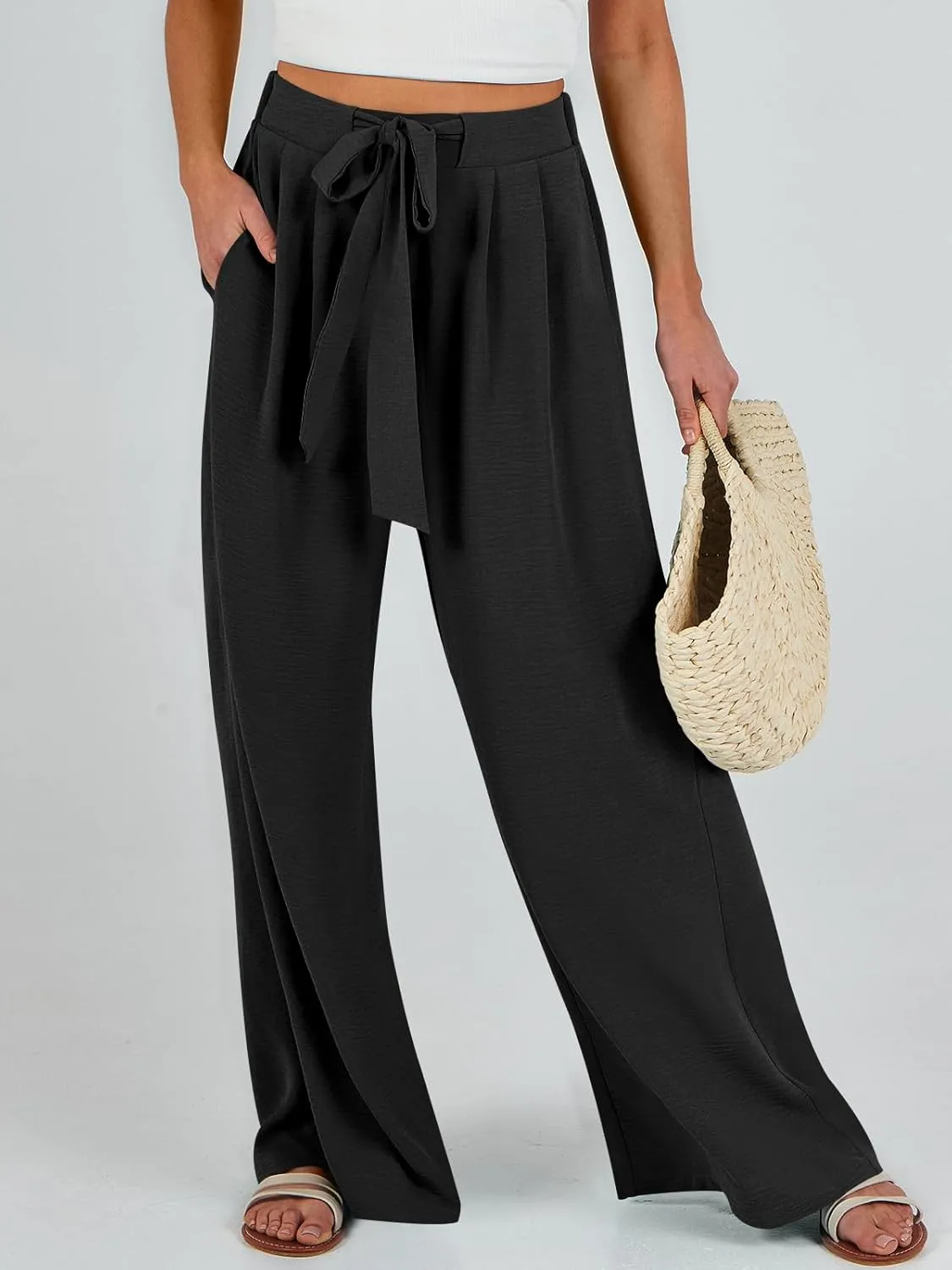 Caracilia Women Wide Leg Palazzo Pants Summer High Waist Flowy Casual Trousers Loose Lounge Beach Travel Vacation Clothes