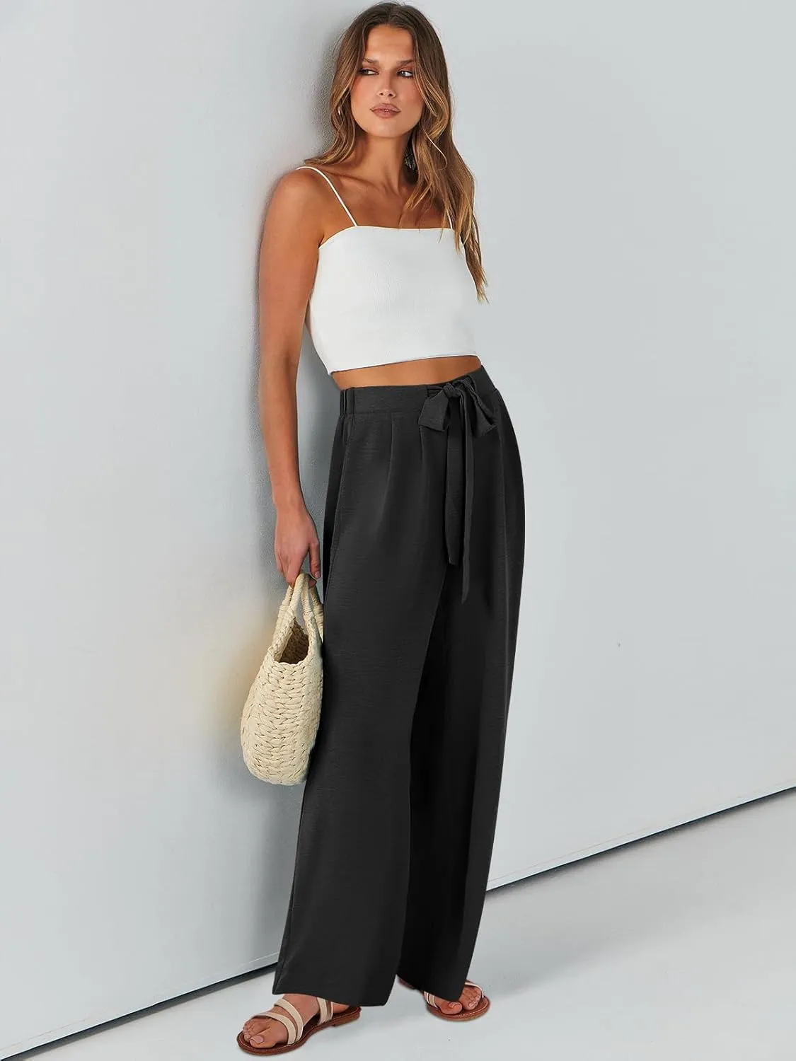 Caracilia Women Wide Leg Palazzo Pants Summer High Waist Flowy Casual Trousers Loose Lounge Beach Travel Vacation Clothes