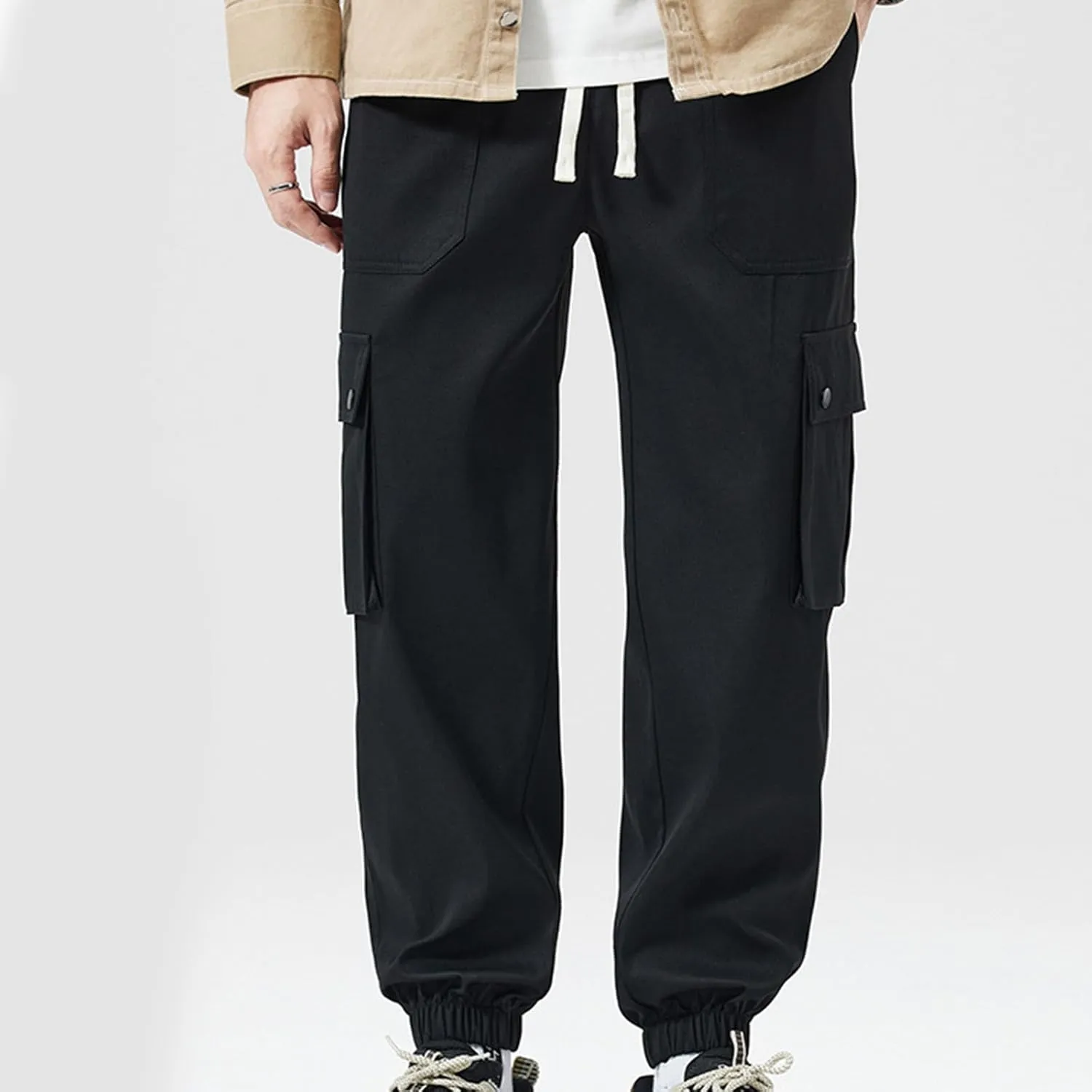 Cargo Pants for Men Multi-Pockets Solid Color Hiking Pants Elastic Waist Drawstring Outdoor Pants Classic Jogger Pants