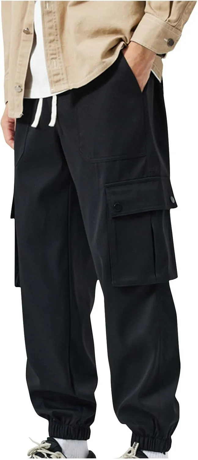 Cargo Pants for Men Multi-Pockets Solid Color Hiking Pants Elastic Waist Drawstring Outdoor Pants Classic Jogger Pants