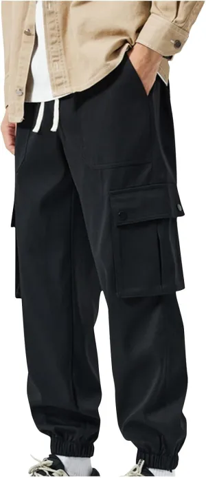 Cargo Pants for Men Multi-Pockets Solid Color Hiking Pants Elastic Waist Drawstring Outdoor Pants Classic Jogger Pants