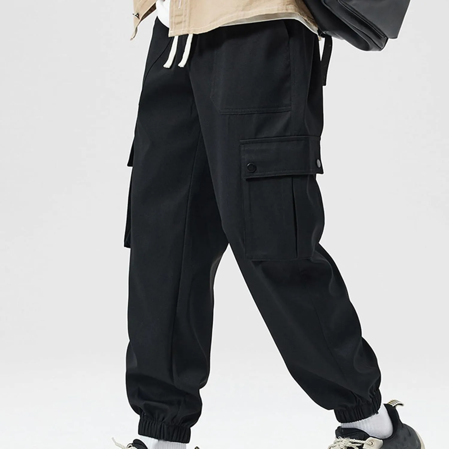 Cargo Pants for Men Multi-Pockets Solid Color Hiking Pants Elastic Waist Drawstring Outdoor Pants Classic Jogger Pants