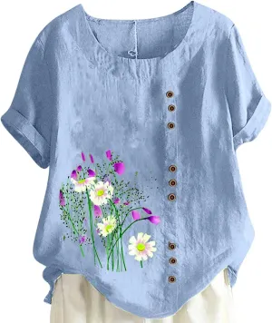Ceboyel Women Summer Cotton Linen Shirts Dandelion Print Blouses Short Sleeve Casual Tops Boho Loose Fit Ladies Clothing
