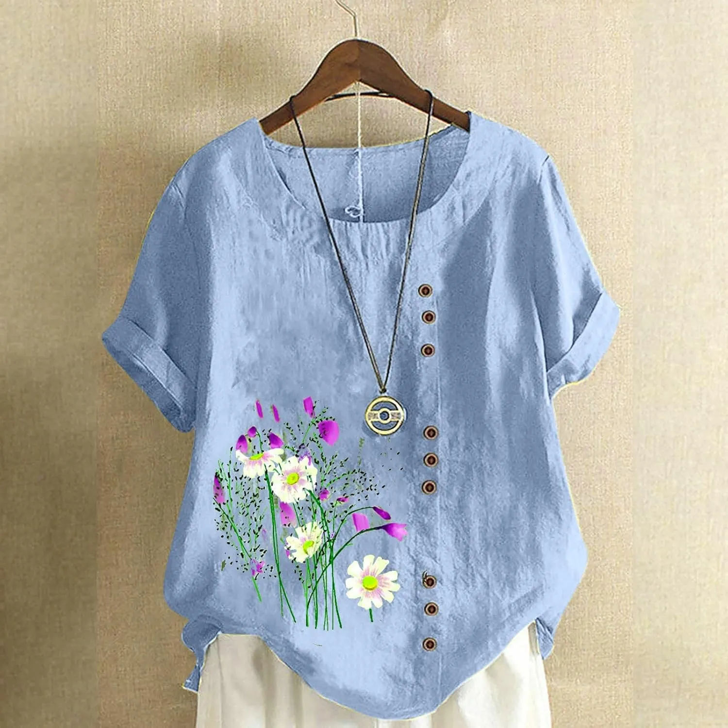 Ceboyel Women Summer Cotton Linen Shirts Dandelion Print Blouses Short Sleeve Casual Tops Boho Loose Fit Ladies Clothing