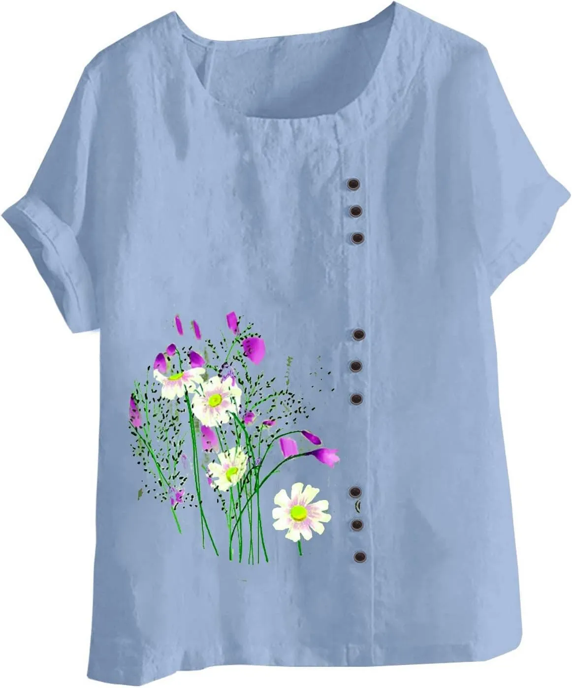 Ceboyel Women Summer Cotton Linen Shirts Dandelion Print Blouses Short Sleeve Casual Tops Boho Loose Fit Ladies Clothing