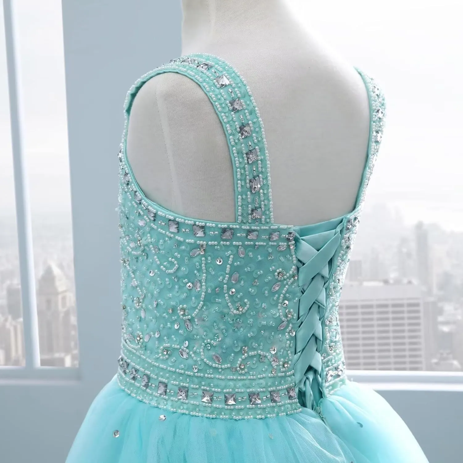 Changuan Crystal Tulle Flower Girl Dress for Wedding Long Puffy Ball Gowns Glitter Kids Pageant Princess Party Dance Gowns