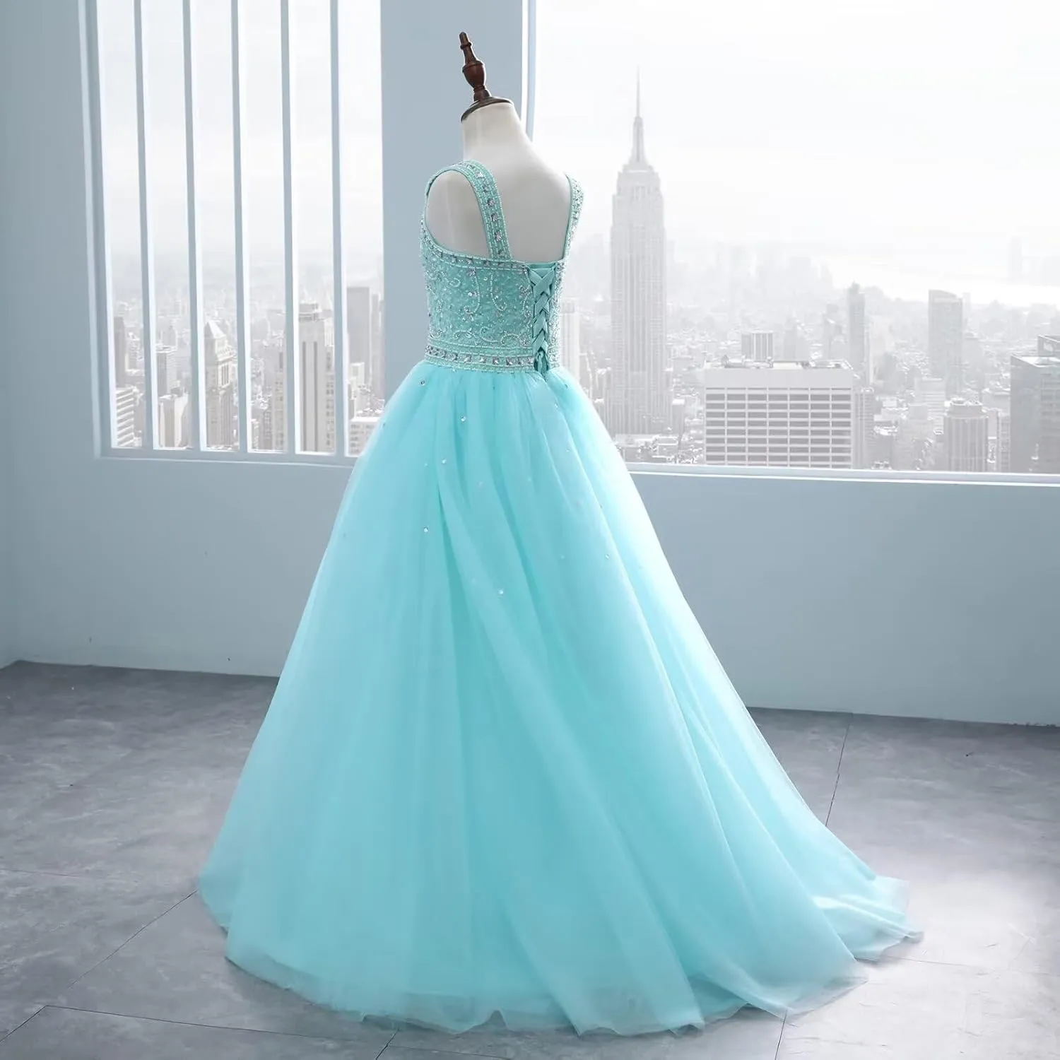 Changuan Crystal Tulle Flower Girl Dress for Wedding Long Puffy Ball Gowns Glitter Kids Pageant Princess Party Dance Gowns
