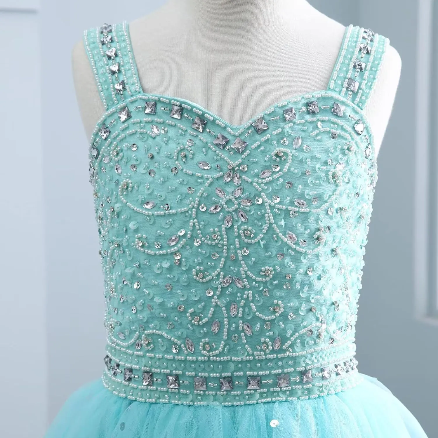 Changuan Crystal Tulle Flower Girl Dress for Wedding Long Puffy Ball Gowns Glitter Kids Pageant Princess Party Dance Gowns