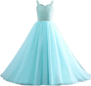 Changuan Crystal Tulle Flower Girl Dress for Wedding Long Puffy Ball Gowns Glitter Kids Pageant Princess Party Dance Gowns