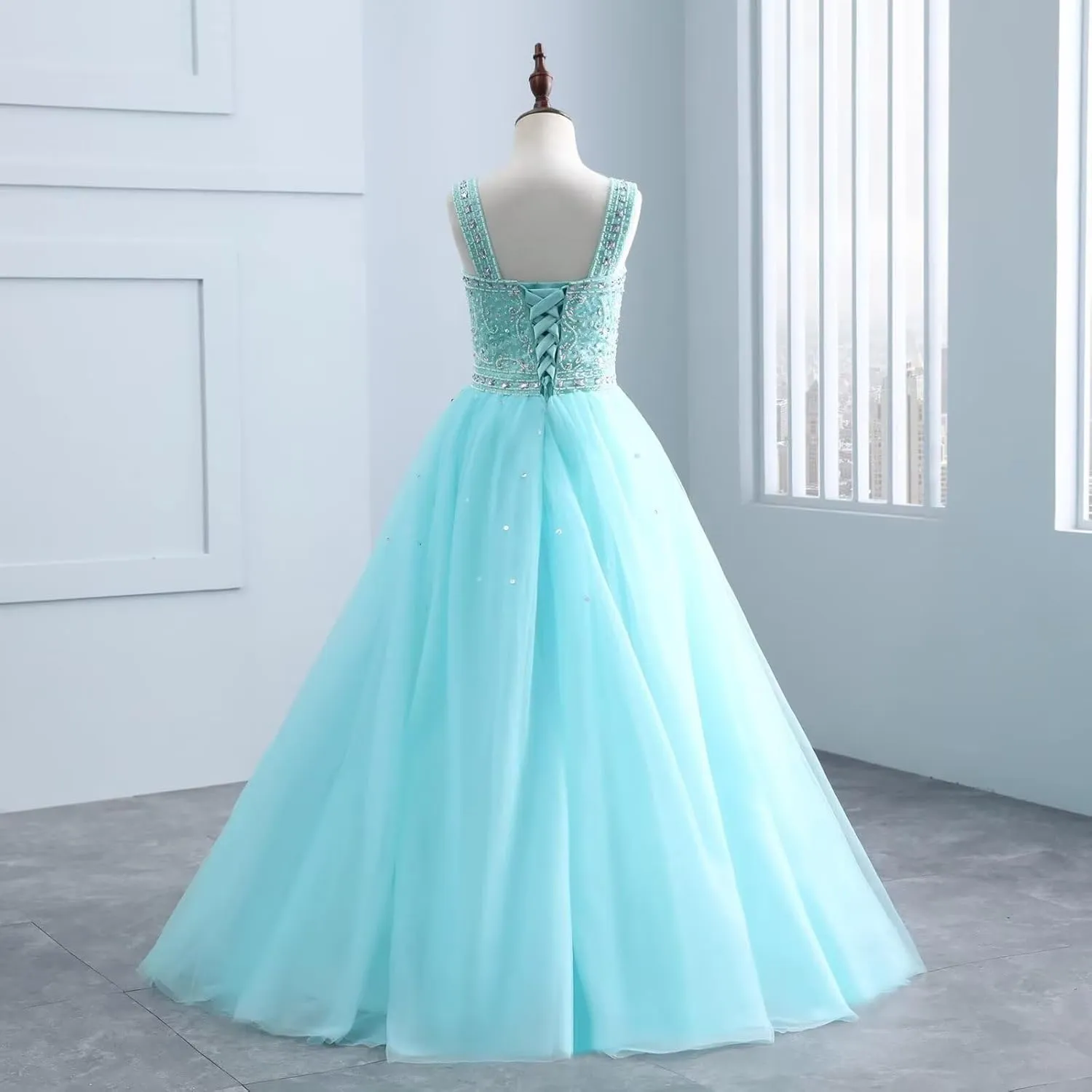 Changuan Crystal Tulle Flower Girl Dress for Wedding Long Puffy Ball Gowns Glitter Kids Pageant Princess Party Dance Gowns