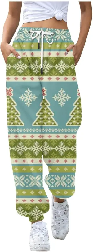 Christmas Pants for Women High Waisted Baggy 2024 Cinch Bottom Sweatpants Gym Jogger Holiday Petite Lounge Pants