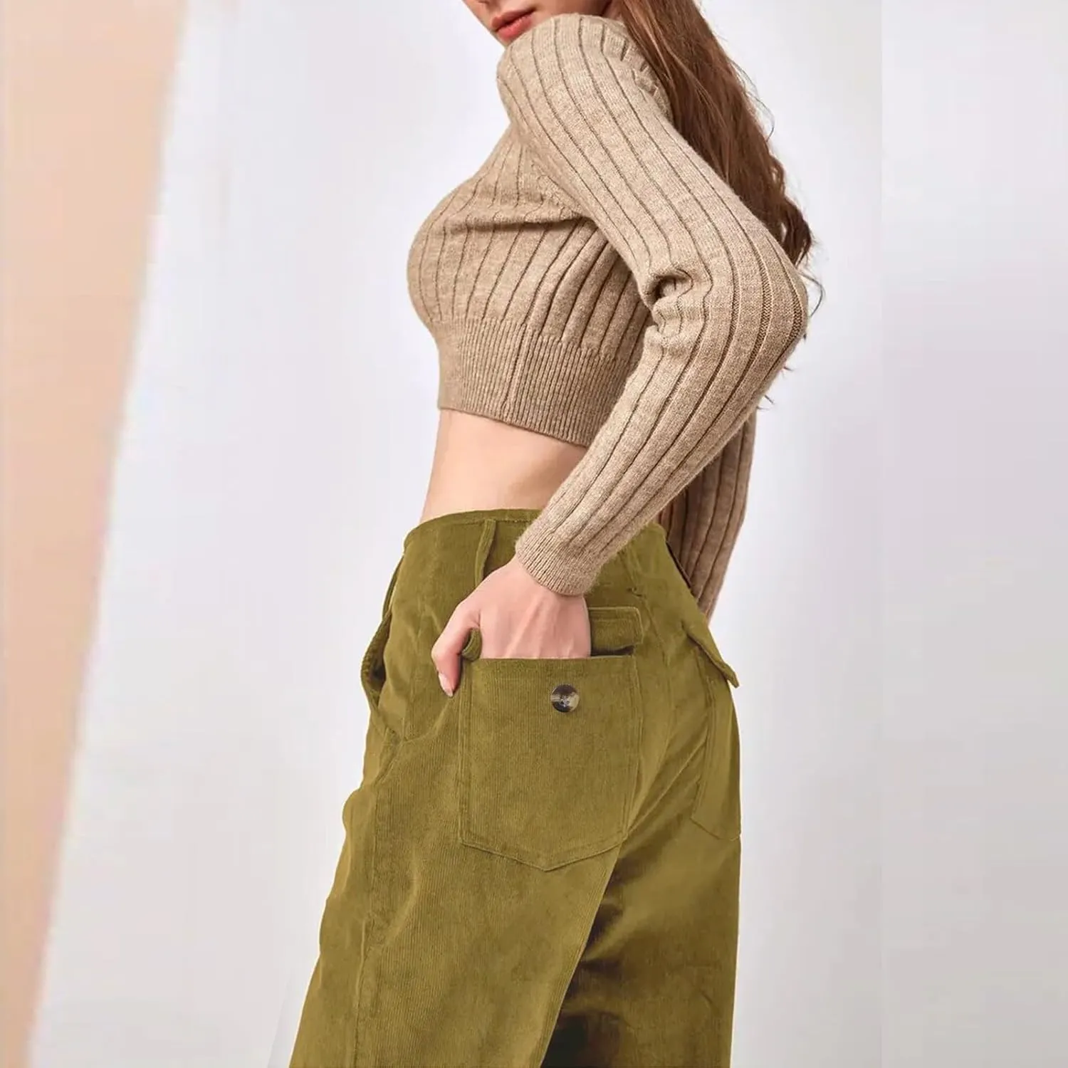 Corduroy Pants Women Button High Waisted Pants Wide Leg Lounge Pants Dressy Casual Work Trousers Pants with Pockets