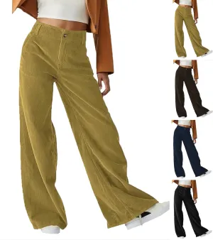 Corduroy Pants Women Button High Waisted Pants Wide Leg Lounge Pants Dressy Casual Work Trousers Pants with Pockets