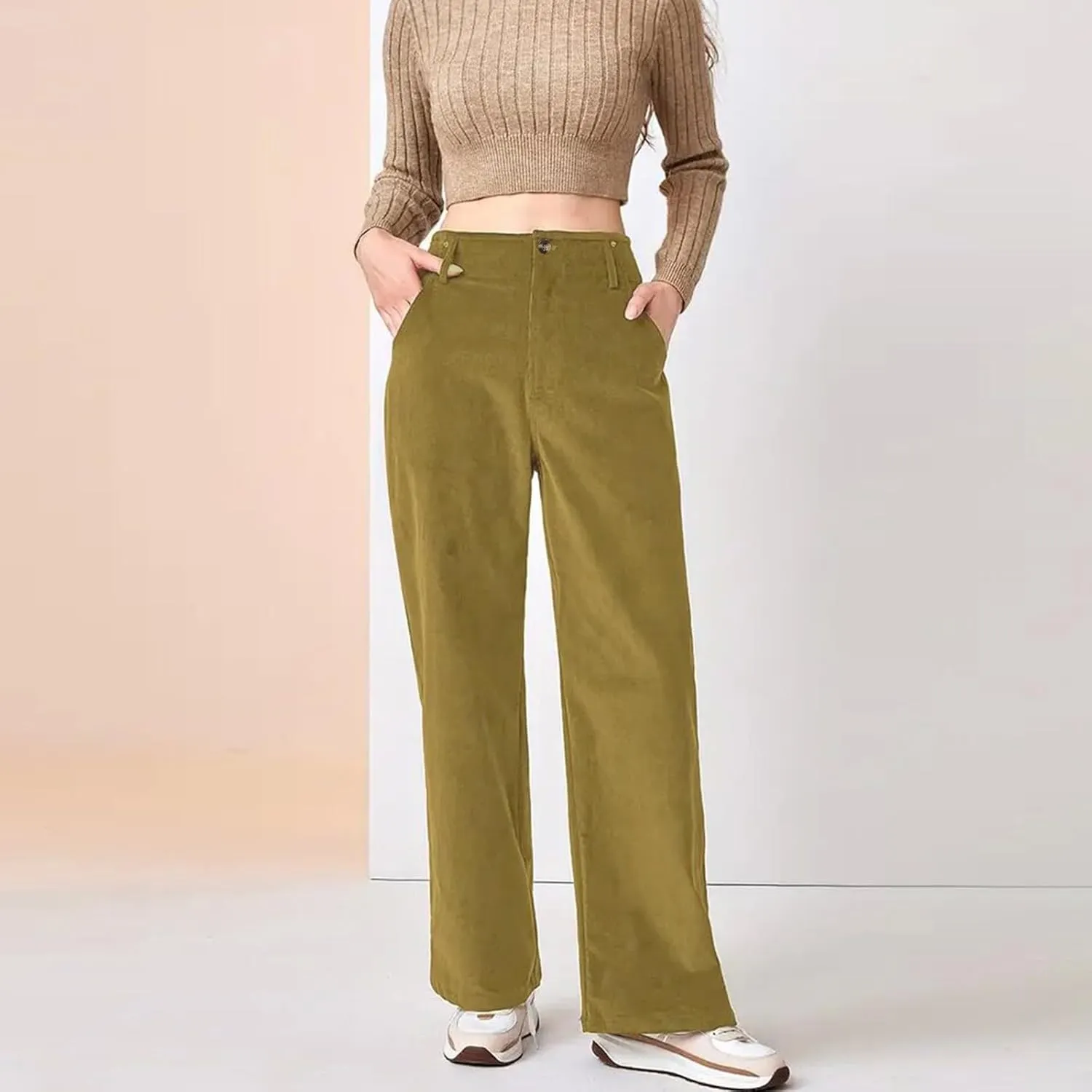 Corduroy Pants Women Button High Waisted Pants Wide Leg Lounge Pants Dressy Casual Work Trousers Pants with Pockets