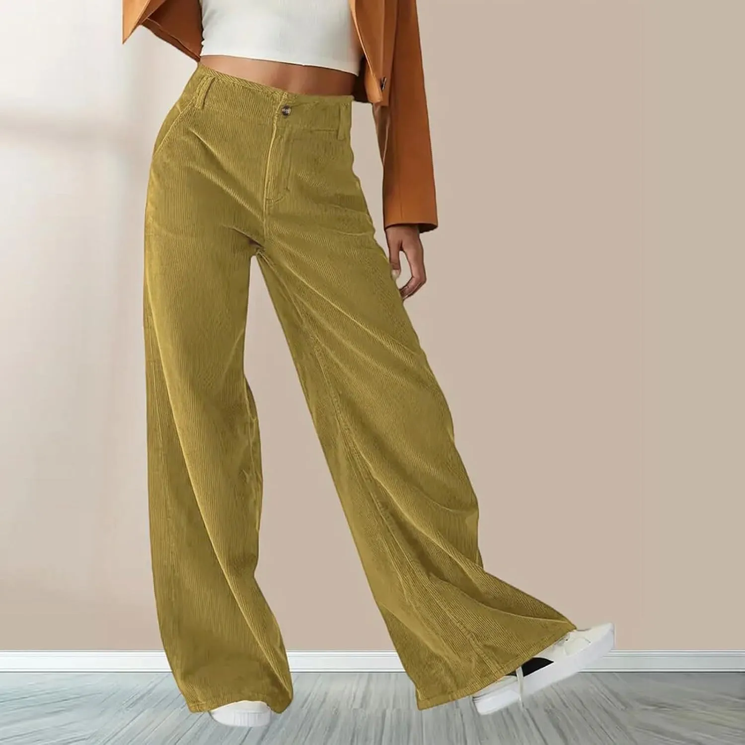 Corduroy Pants Women Button High Waisted Pants Wide Leg Lounge Pants Dressy Casual Work Trousers Pants with Pockets