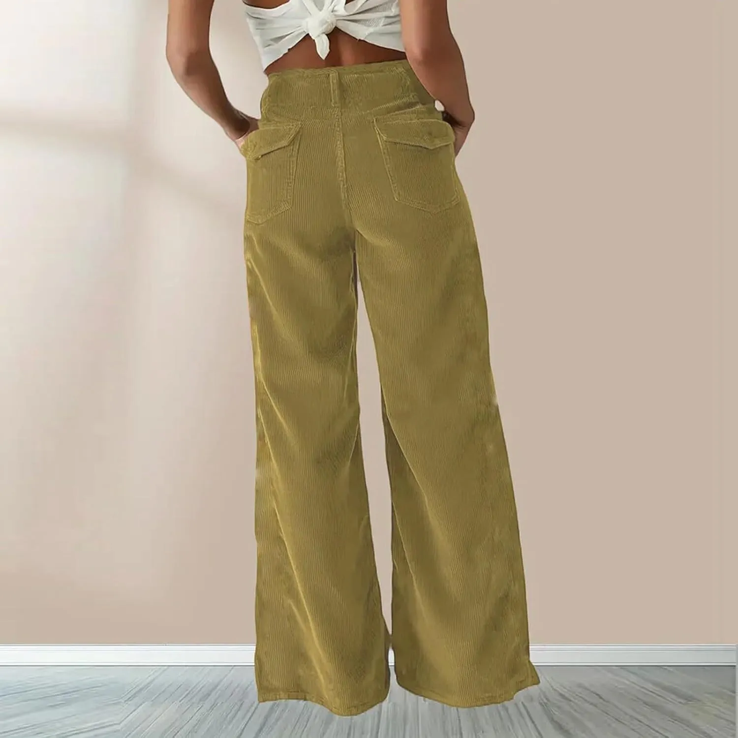 Corduroy Pants Women Button High Waisted Pants Wide Leg Lounge Pants Dressy Casual Work Trousers Pants with Pockets